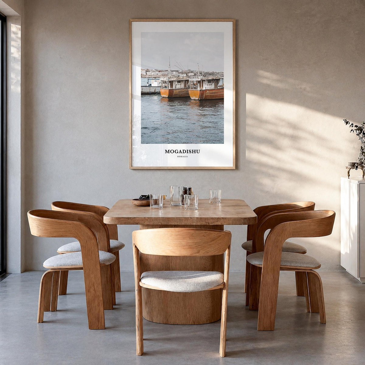 Mogadishu colorful classic poster of Somalia – vertical wall art in natural wood frame, hanging on wall