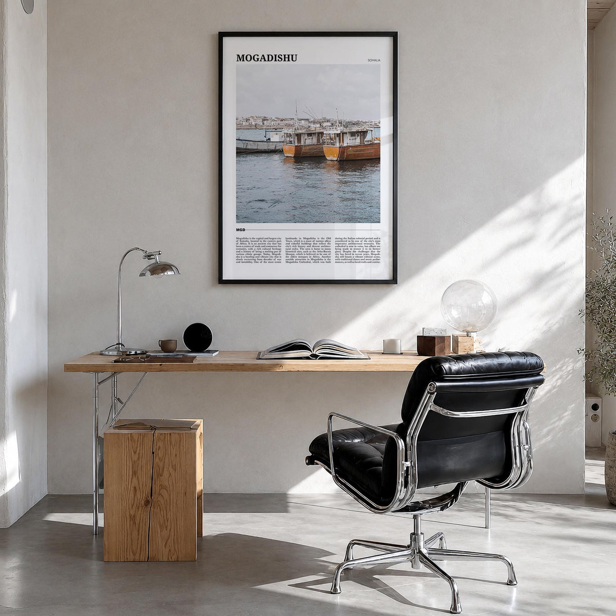 Mogadishu colorful travel poster of Somalia – vertical wall art in black wood frame, hanging on wall