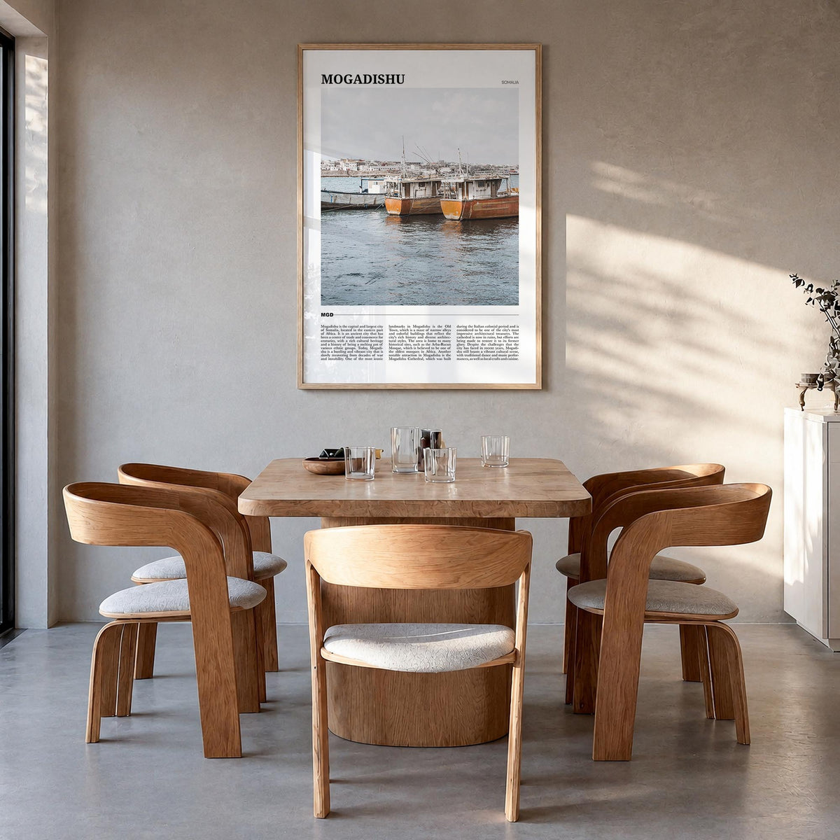 Mogadishu colorful travel poster of Somalia – vertical wall art in natural wood frame, hanging on wall