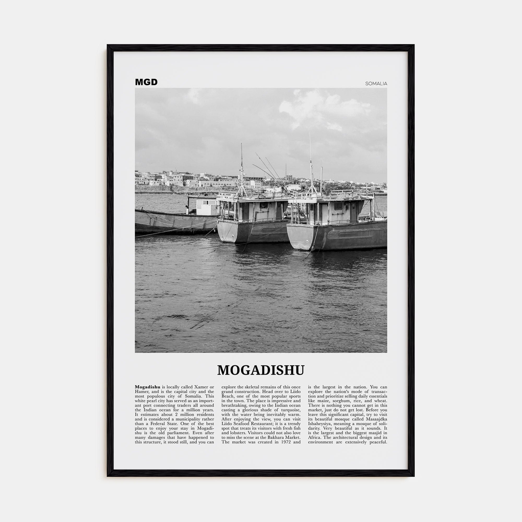 Mogadishu Poster Black Wood / 8x12 in Nbourhood Travel B&W Poster