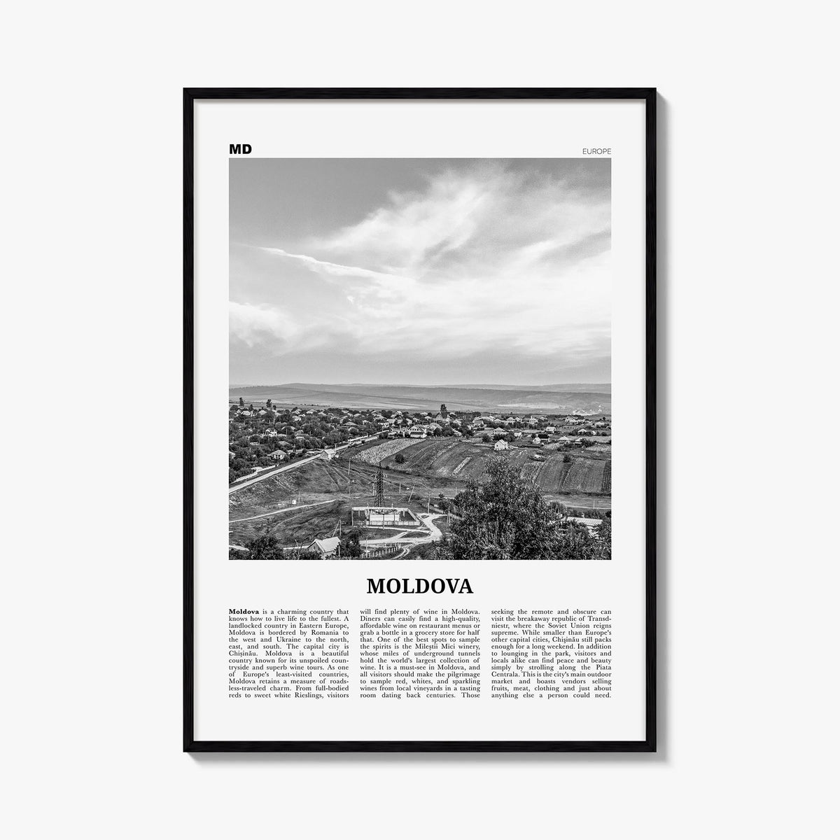 Moldova black & white newspaper poster of Europe – vertical wall art, unframed print shown in interior mockup