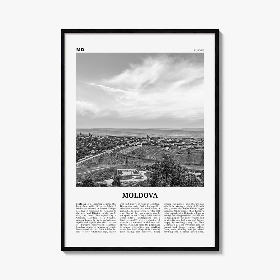 Moldova black & white newspaper poster of Europe – vertical wall art, unframed print shown in interior mockup