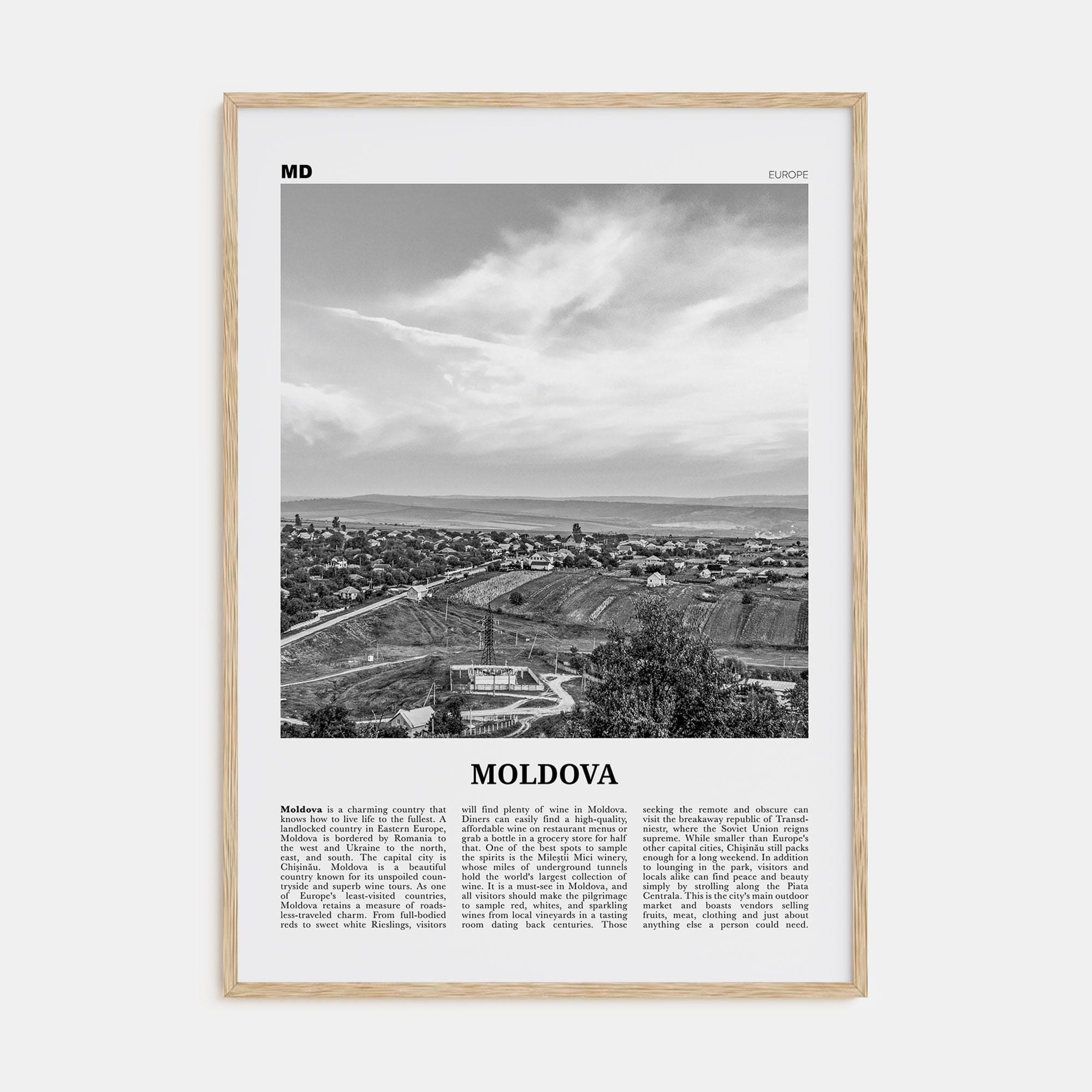 Moldova Poster Natural Wood / 8x12 in Nbourhood Travel B&W Poster