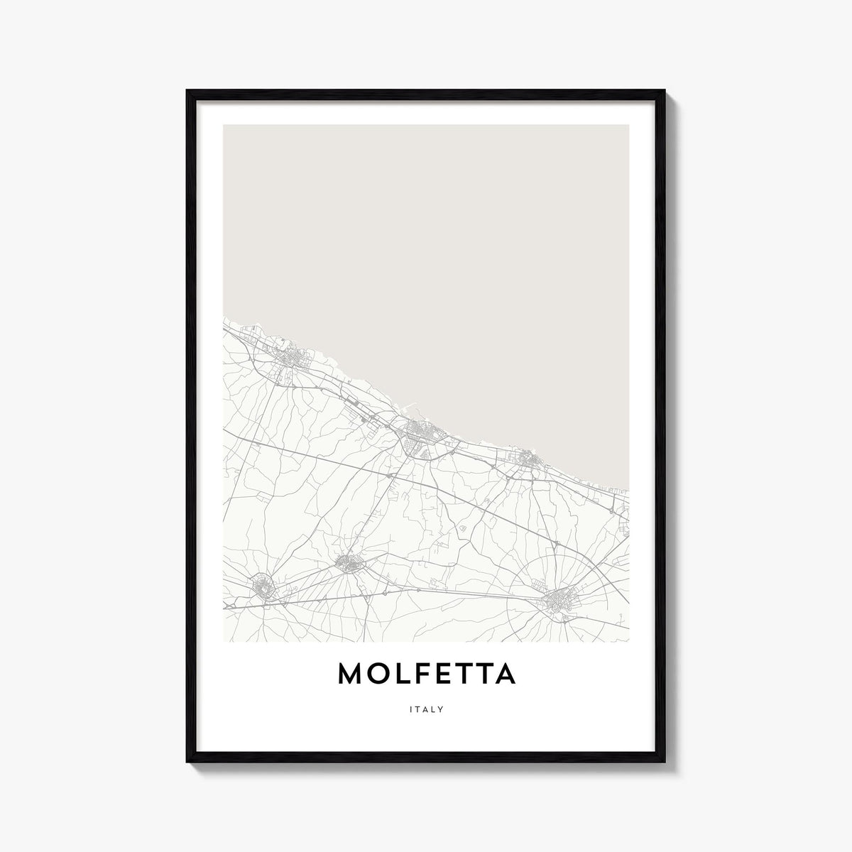Molfetta black & white map poster of Italy – vertical wall art, unframed print shown in interior mockup