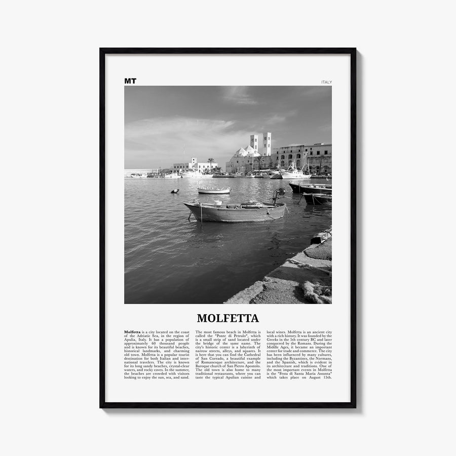 Molfetta black & white newspaper poster of Italy – vertical wall art, unframed print shown in interior mockup