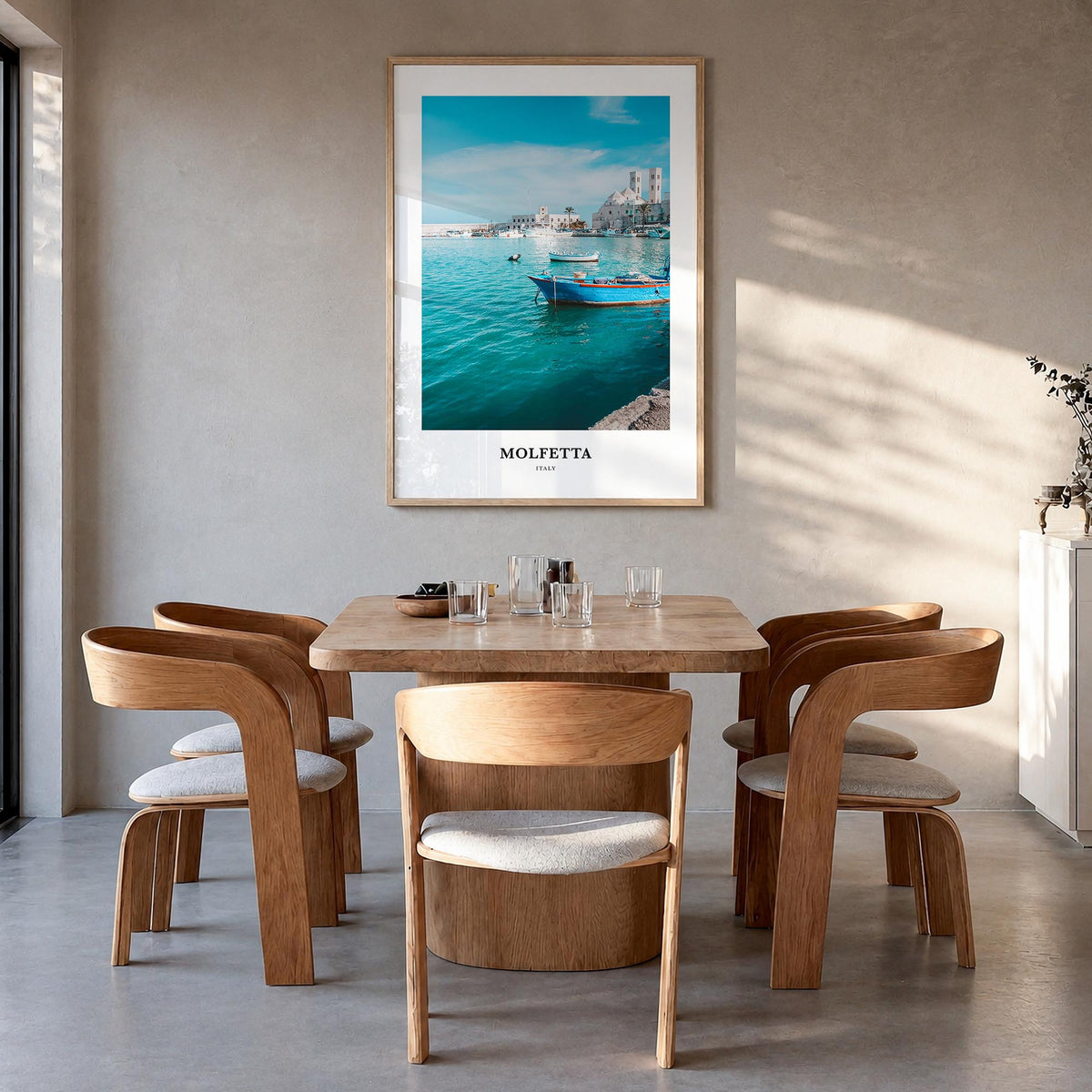 Molfetta colorful classic poster of Italy – vertical wall art in natural wood frame, hanging on wall