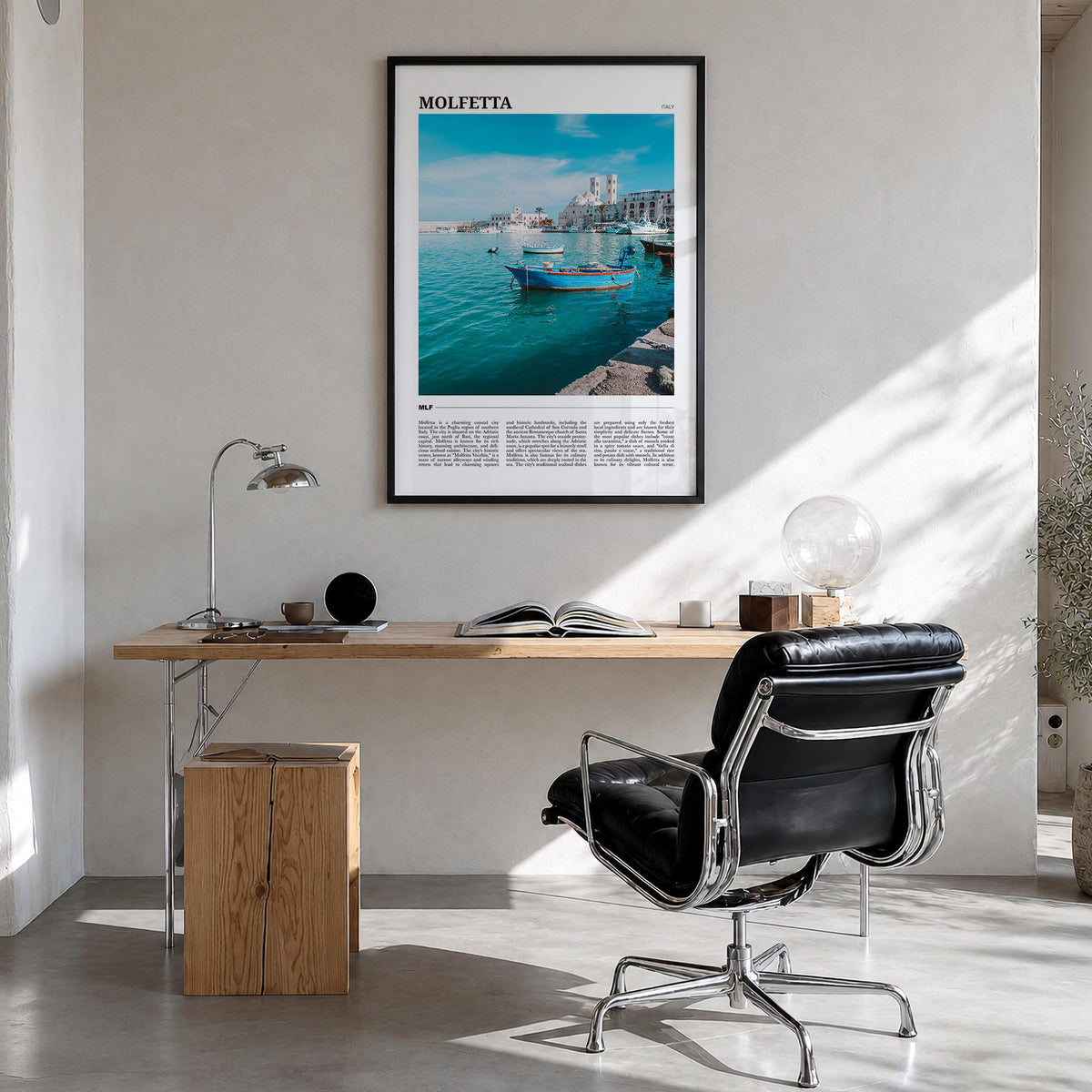 Molfetta colorful travel poster of Italy – vertical wall art in black wood frame, hanging on wall