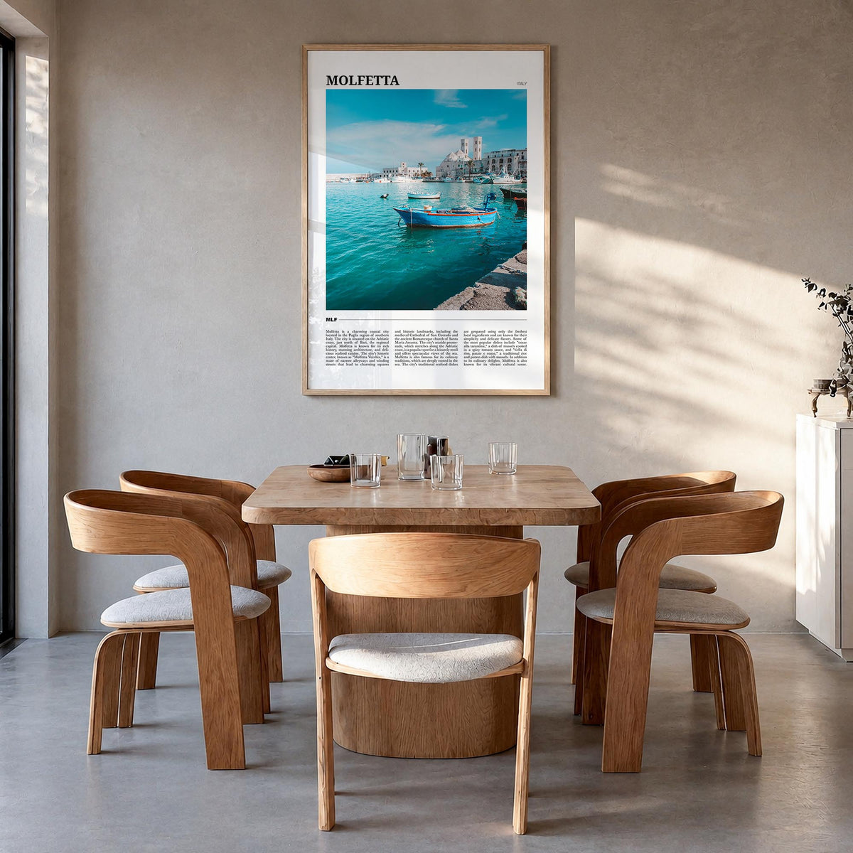 Molfetta colorful travel poster of Italy – vertical wall art in natural wood frame, hanging on wall