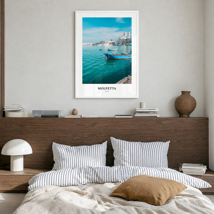 Molfetta Classic Poster in a white wood frame, hanging in a bedroom
