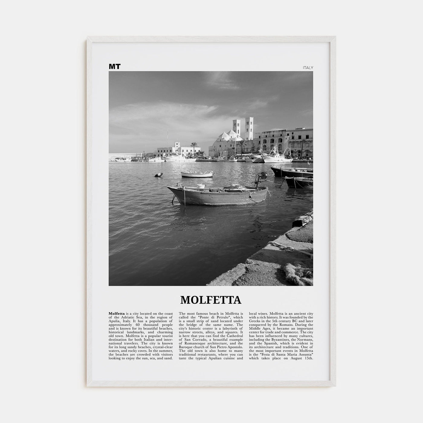 Molfetta Poster White Wood / 8x12 in Nbourhood Travel B&W Poster