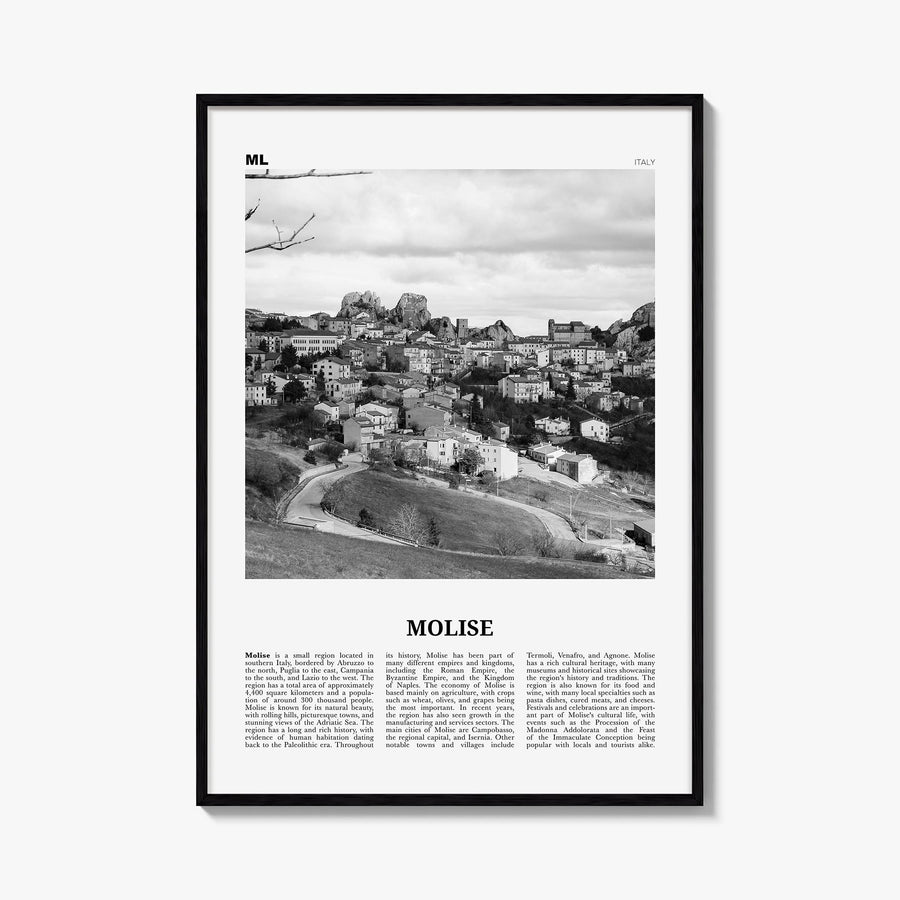 Molise black & white newspaper poster of Italy – vertical wall art, unframed print shown in interior mockup