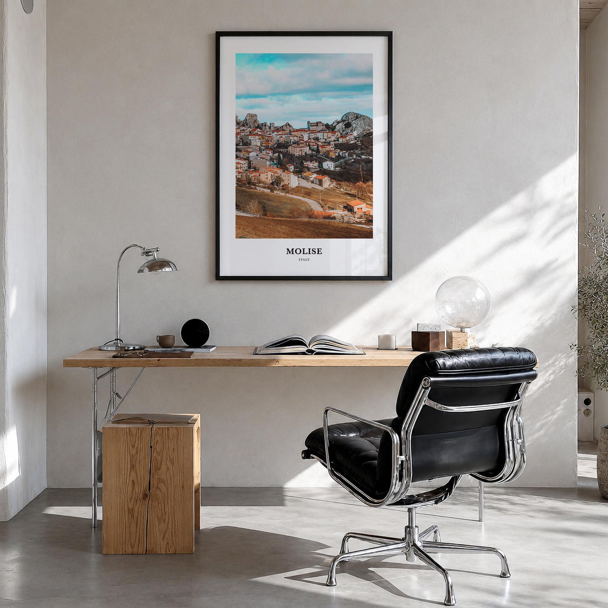 Molise colorful classic poster of Italy – vertical wall art in black wood frame, hanging on wall