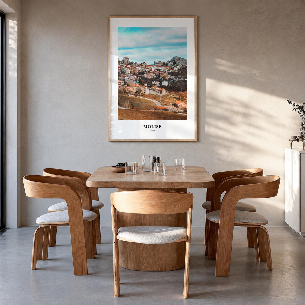Molise colorful classic poster of Italy – vertical wall art in natural wood frame, hanging on wall