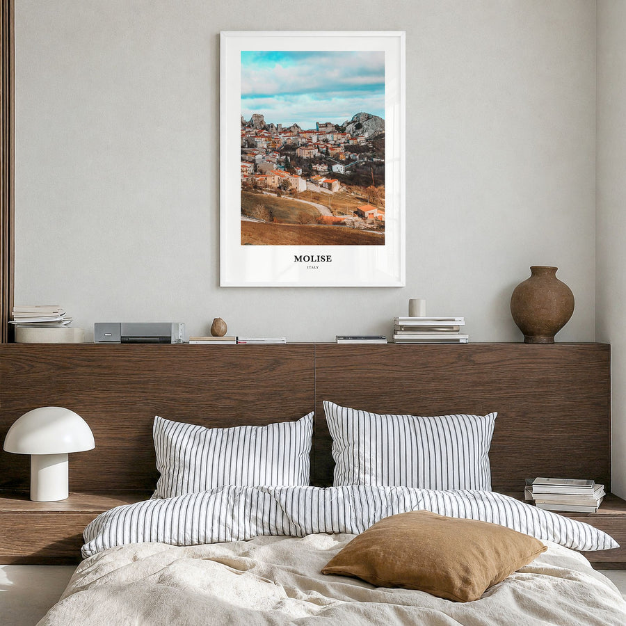 Molise Classic Poster in a white wood frame, hanging in a bedroom