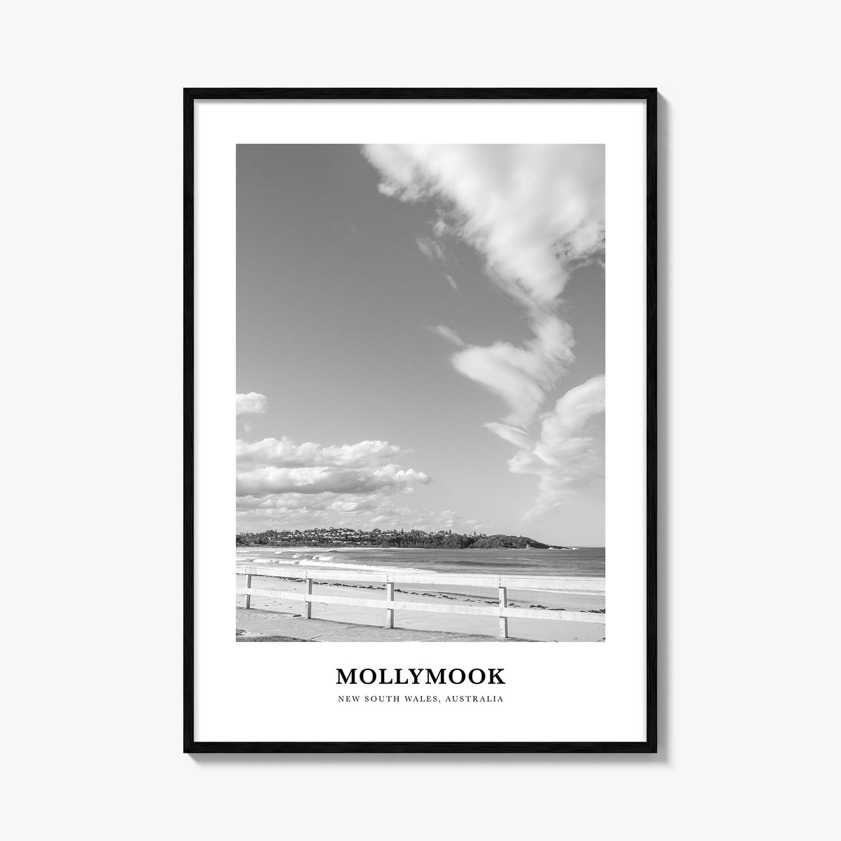 Mollymook black & white classic poster of New South Wales, Australia – vertical wall art, unframed print shown in interior mo
