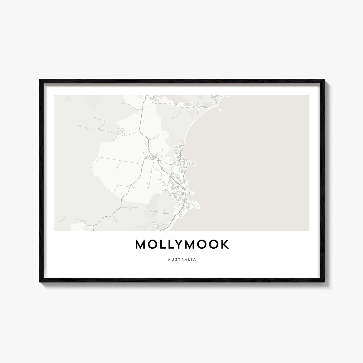 Mollymook black & white map poster of New South Wales, Australia – horizontal wall art, unframed print shown in interior mock
