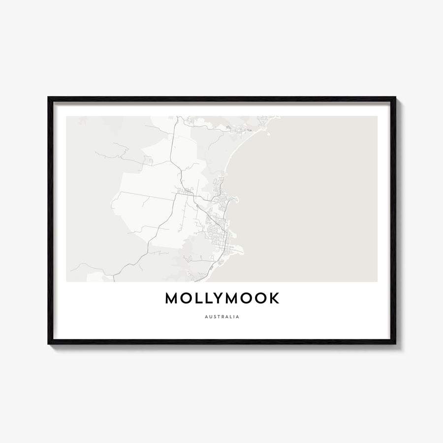 Mollymook black & white map poster of New South Wales, Australia – horizontal wall art, unframed print shown in interior mock