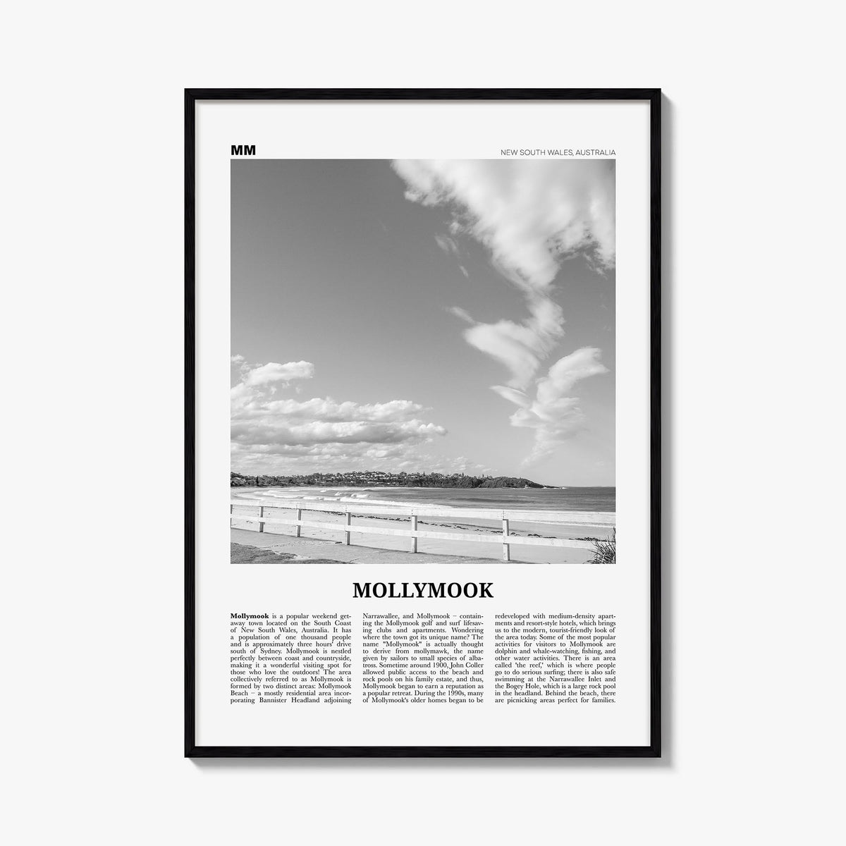 Mollymook black & white newspaper poster of New South Wales, Australia – vertical wall art, unframed print shown in interior 