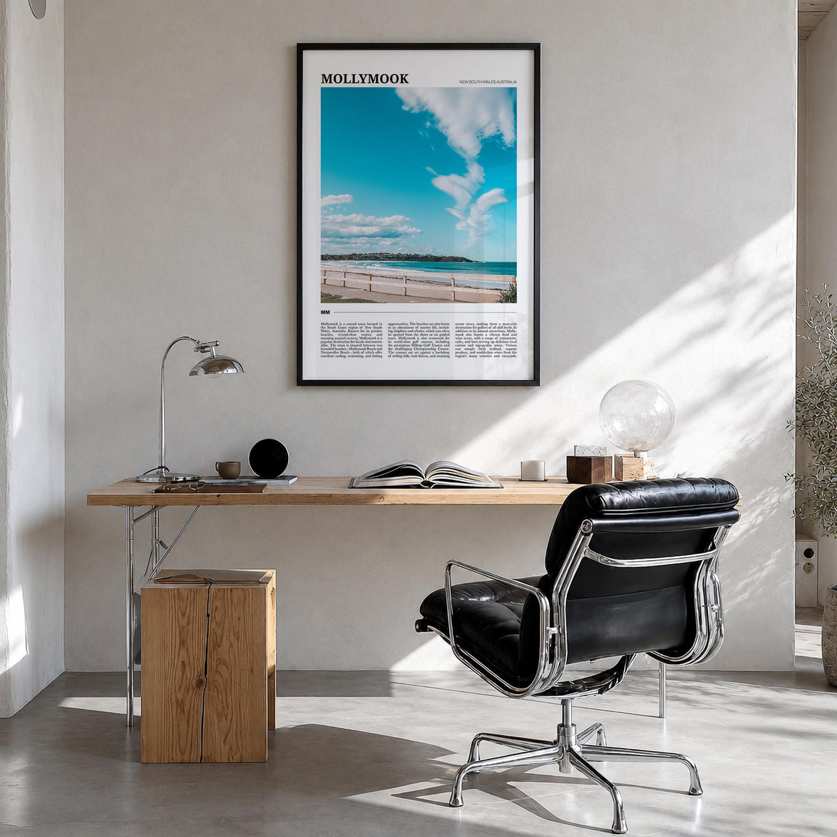 Mollymook colorful travel poster of New South Wales, Australia – vertical wall art in black wood frame, hanging on wall