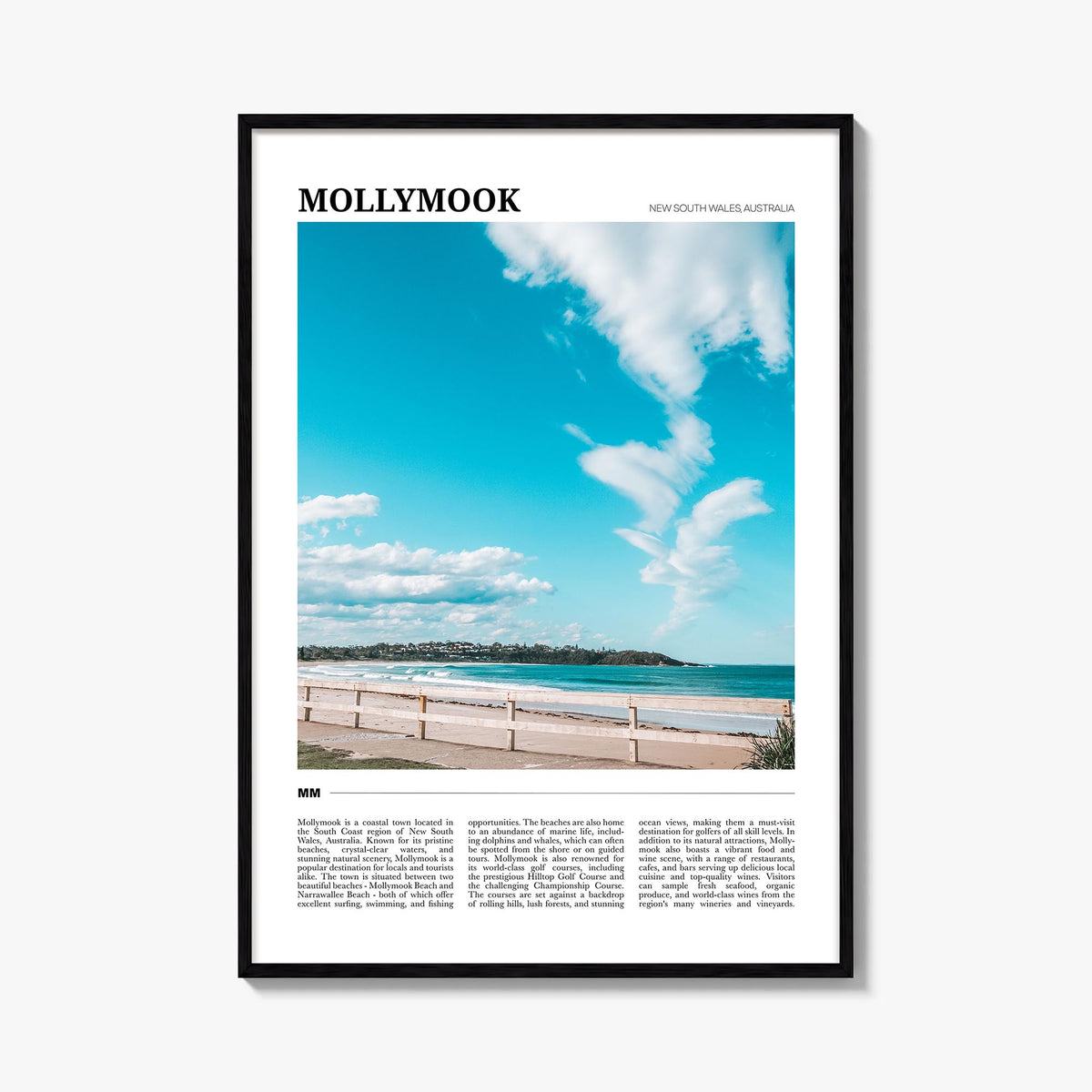 Mollymook colorful travel poster of New South Wales, Australia – vertical wall art, unframed print shown in interior mockup
