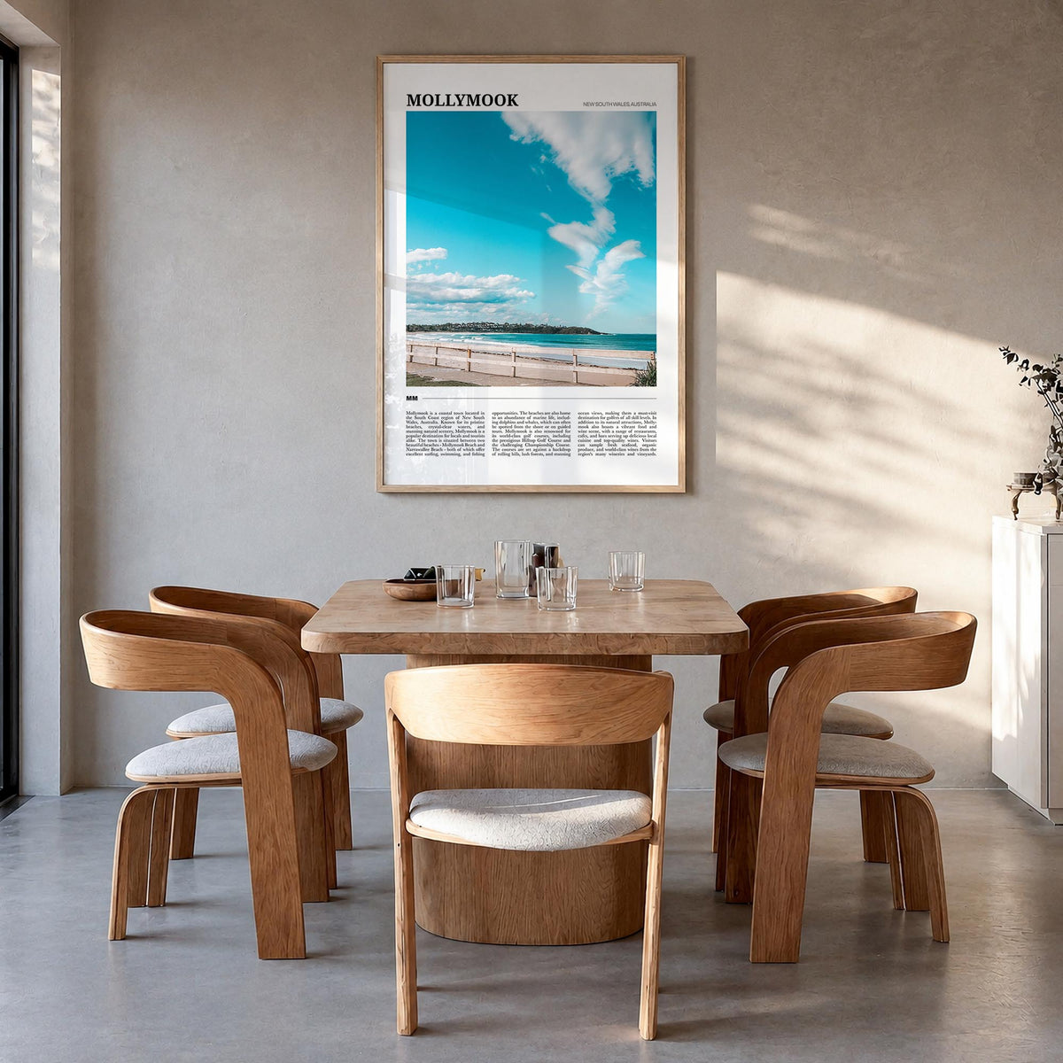 Mollymook colorful travel poster of New South Wales, Australia – vertical wall art in natural wood frame, hanging on wall