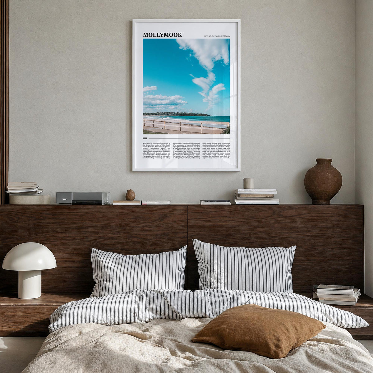 Mollymook colorful travel poster of New South Wales, Australia – vertical wall art in white wood frame, hanging on wall