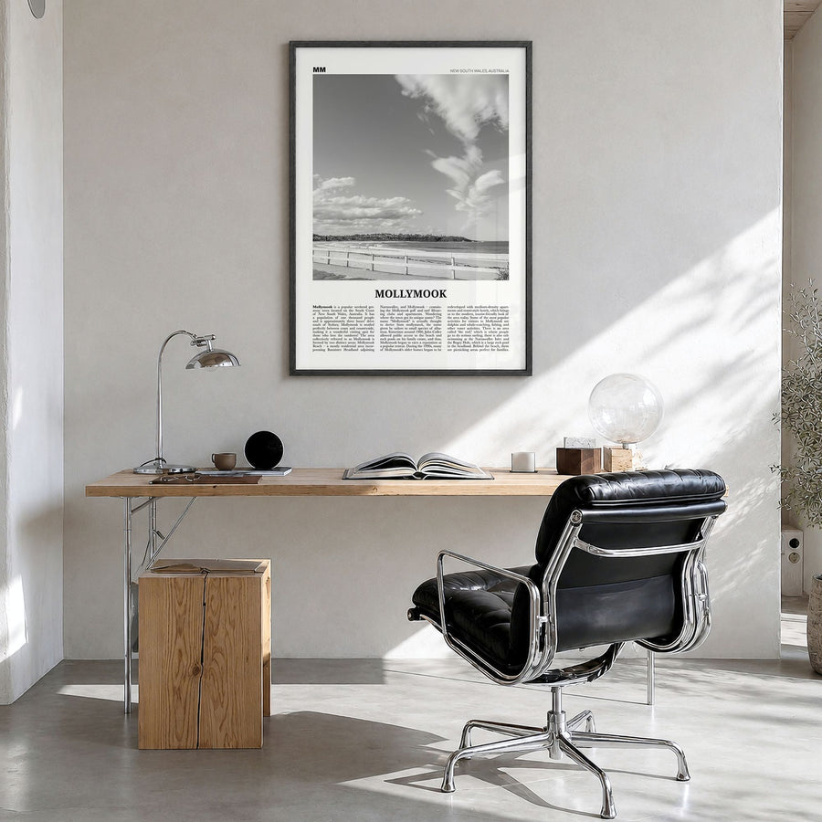 Mollymook Newspaper Poster in a black wood frame, hanging in a bright home office