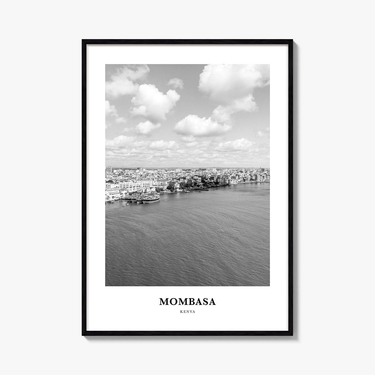 Mombasa black & white classic poster of Kenya – vertical wall art, unframed print shown in interior mockup