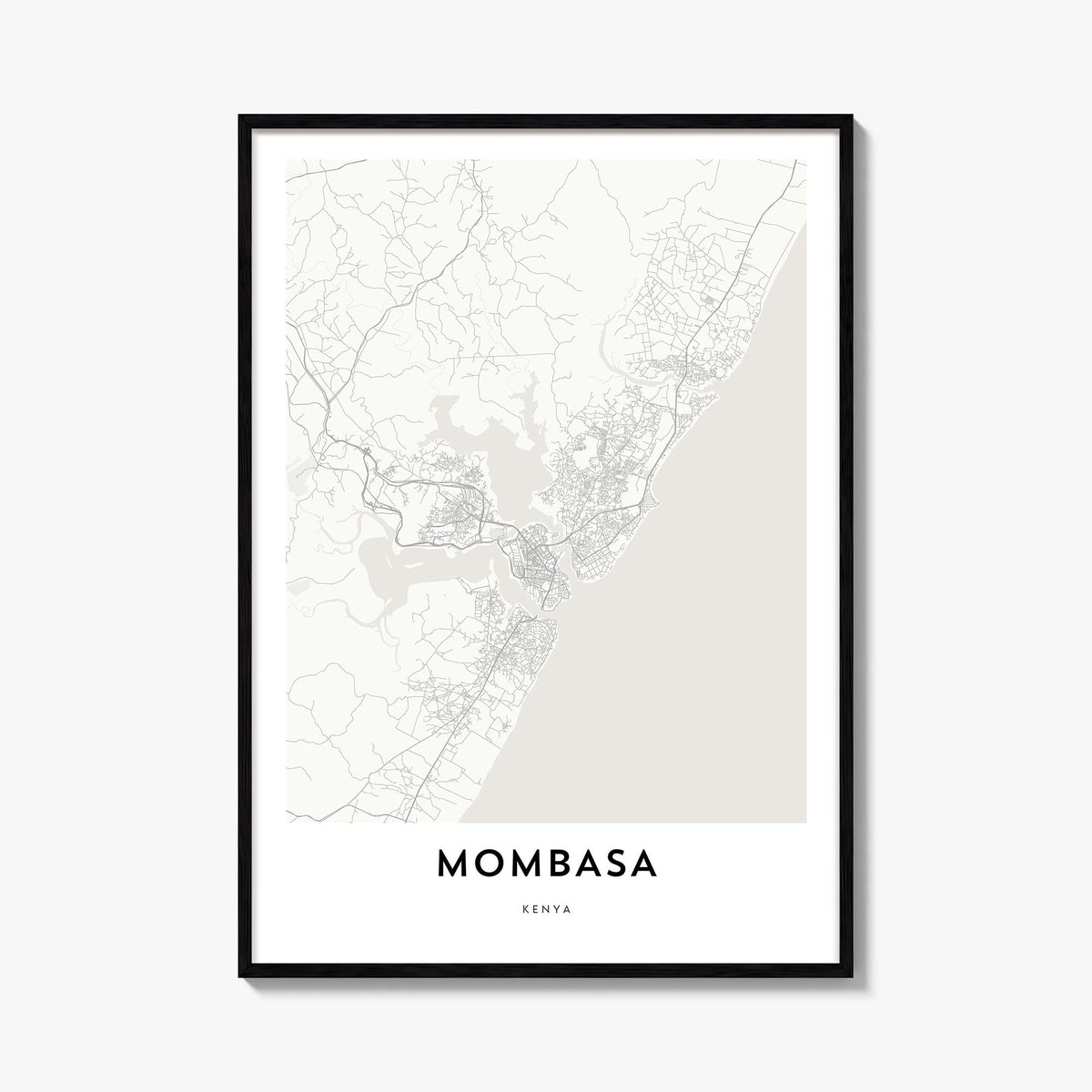 Mombasa black & white map poster of Kenya – vertical wall art, unframed print shown in interior mockup