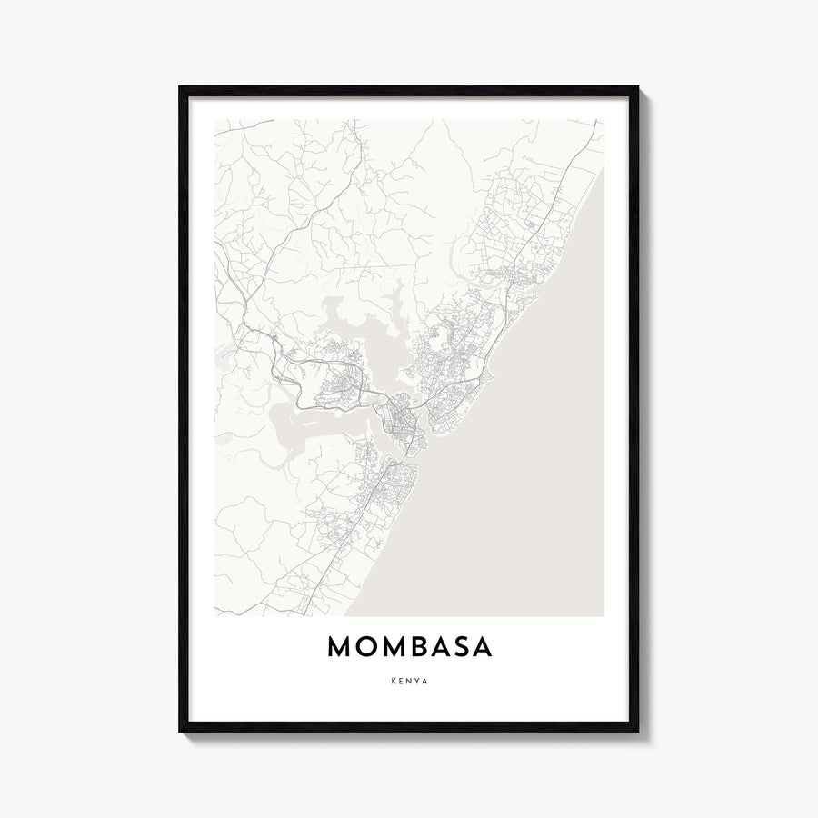 Mombasa black & white map poster of Kenya – vertical wall art, unframed print shown in interior mockup