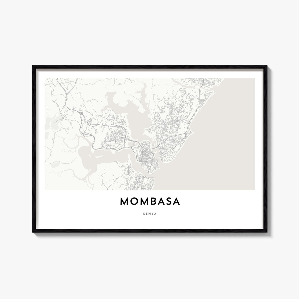 Mombasa black & white map poster of Kenya – horizontal wall art, unframed print shown in interior mockup