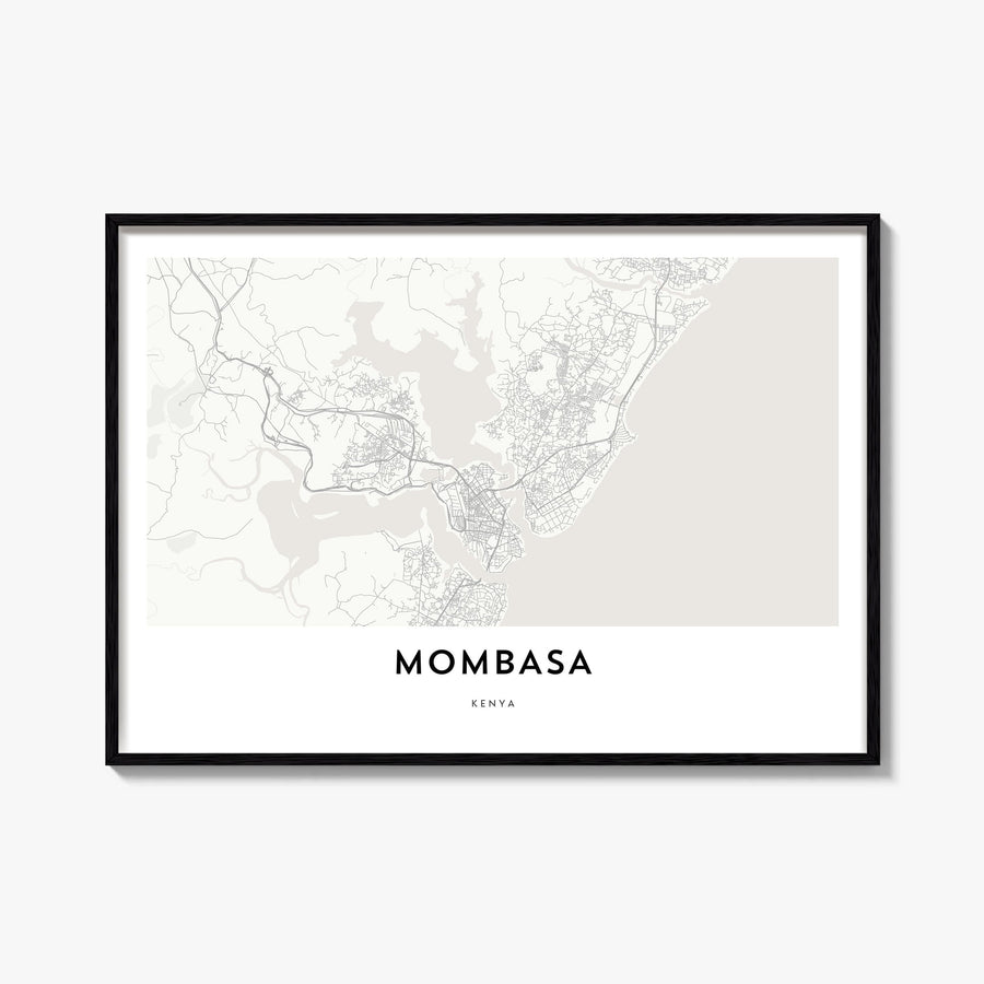 Mombasa black & white map poster of Kenya – horizontal wall art, unframed print shown in interior mockup