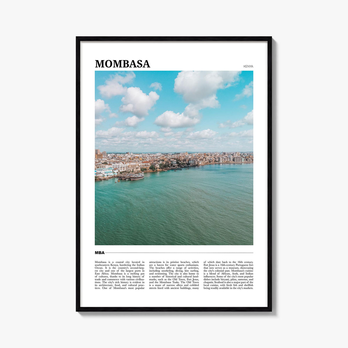 Mombasa colorful travel poster of Kenya – vertical wall art, unframed print shown in interior mockup