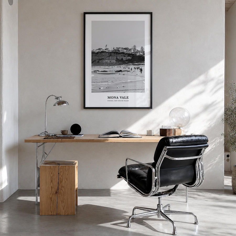 Mona Vale black & white classic poster of Sydney, New South Wales – vertical wall art in black wood frame, hanging on wall