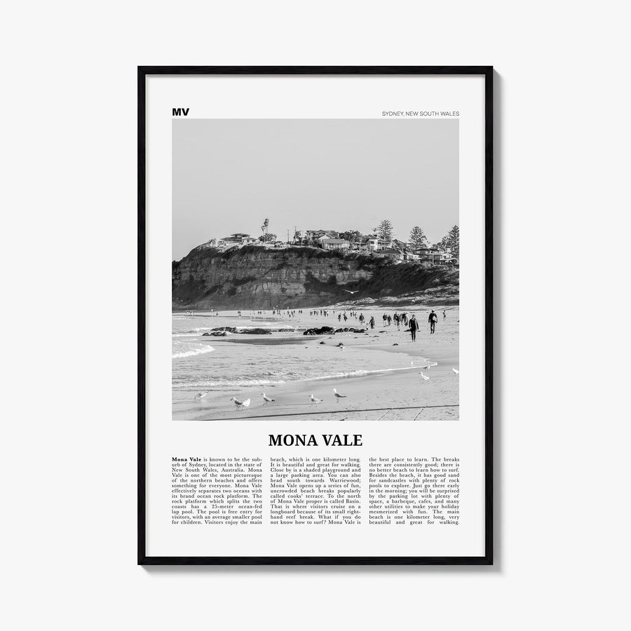 Mona Vale black & white newspaper poster of Australia – vertical wall art, unframed print shown in interior mockup