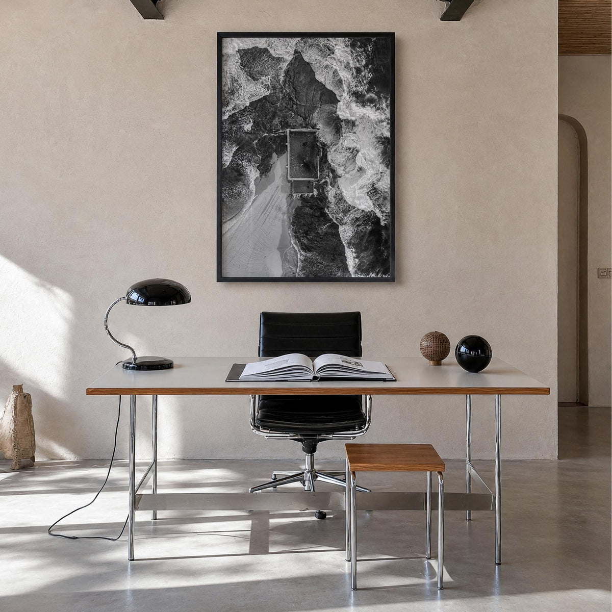 Mona Vale black & white photo poster of Australia – vertical wall art in black wood frame, hanging on wall