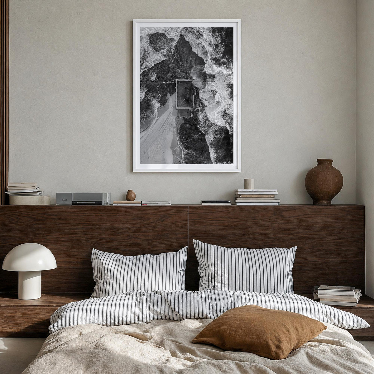 Mona Vale black & white photo poster of Australia – vertical wall art in white wood frame with white border, hanging on wall
