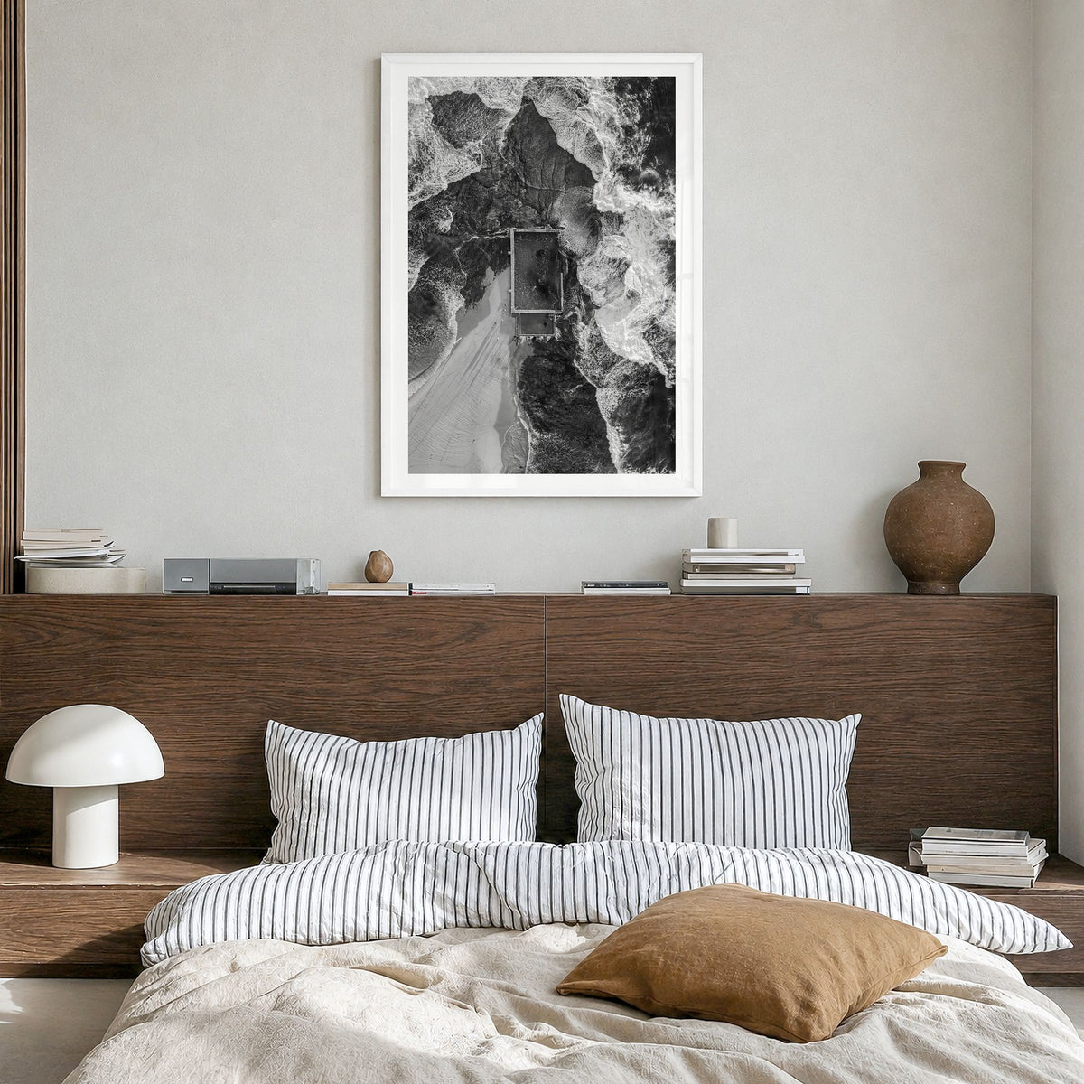 Mona Vale Photo Poster in a white wood frame, hanging in a bedroom, white border
