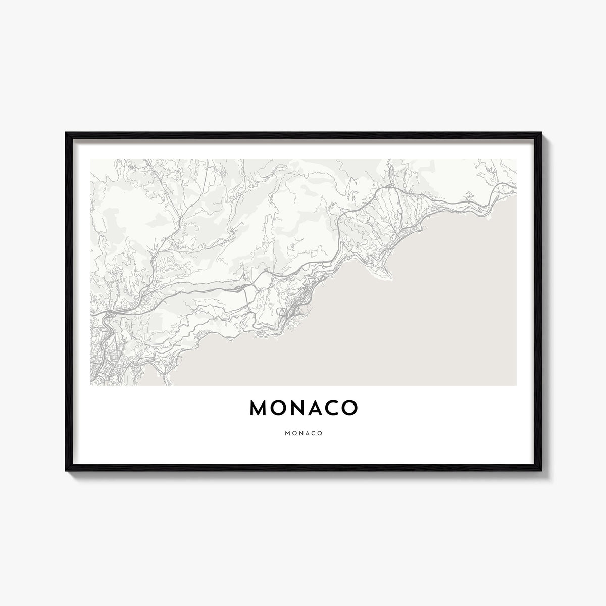 Monaco black & white map poster of Europe – horizontal wall art, unframed print shown in interior mockup