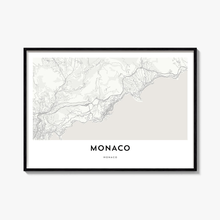 Monaco black & white map poster of Europe – horizontal wall art, unframed print shown in interior mockup
