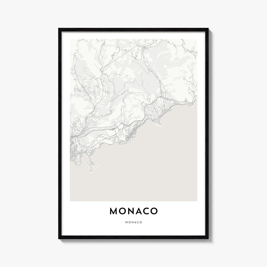 Monaco black & white map poster of Europe – vertical wall art, unframed print shown in interior mockup