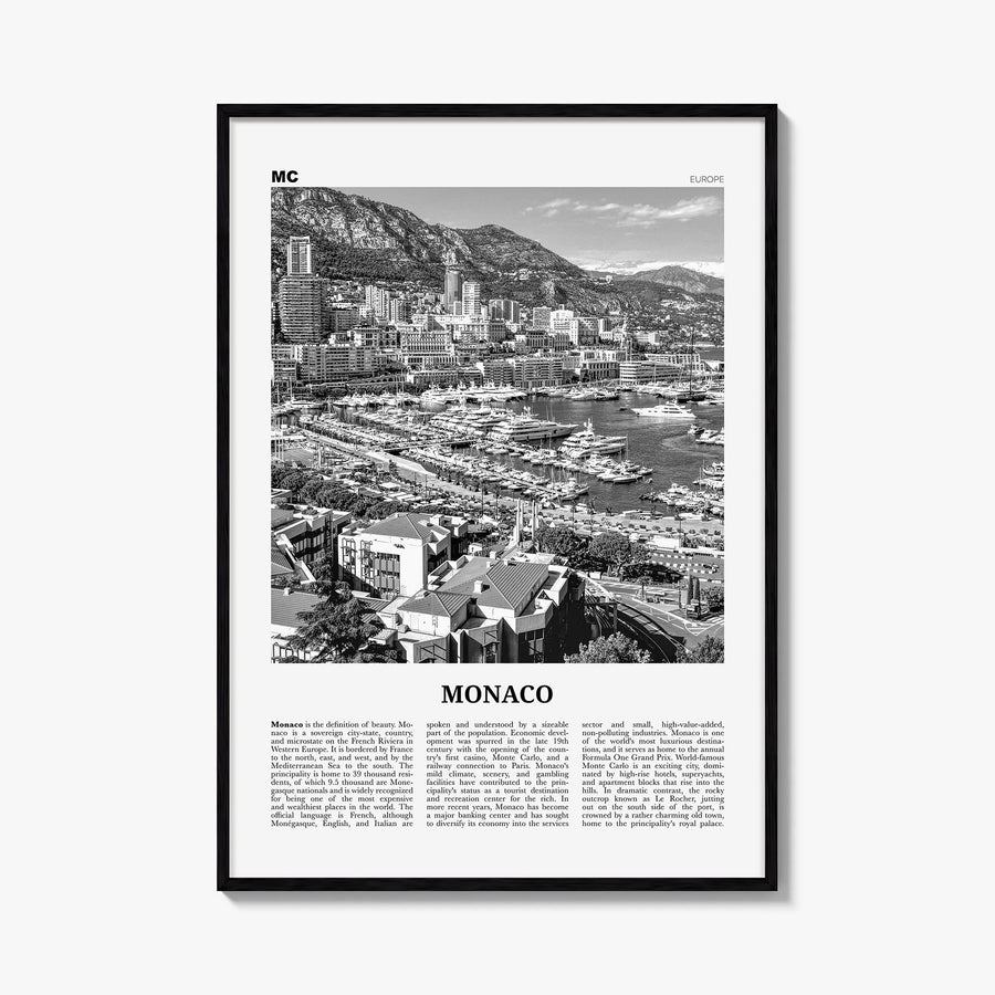 Monaco black & white newspaper poster of Europe – vertical wall art, unframed print shown in interior mockup