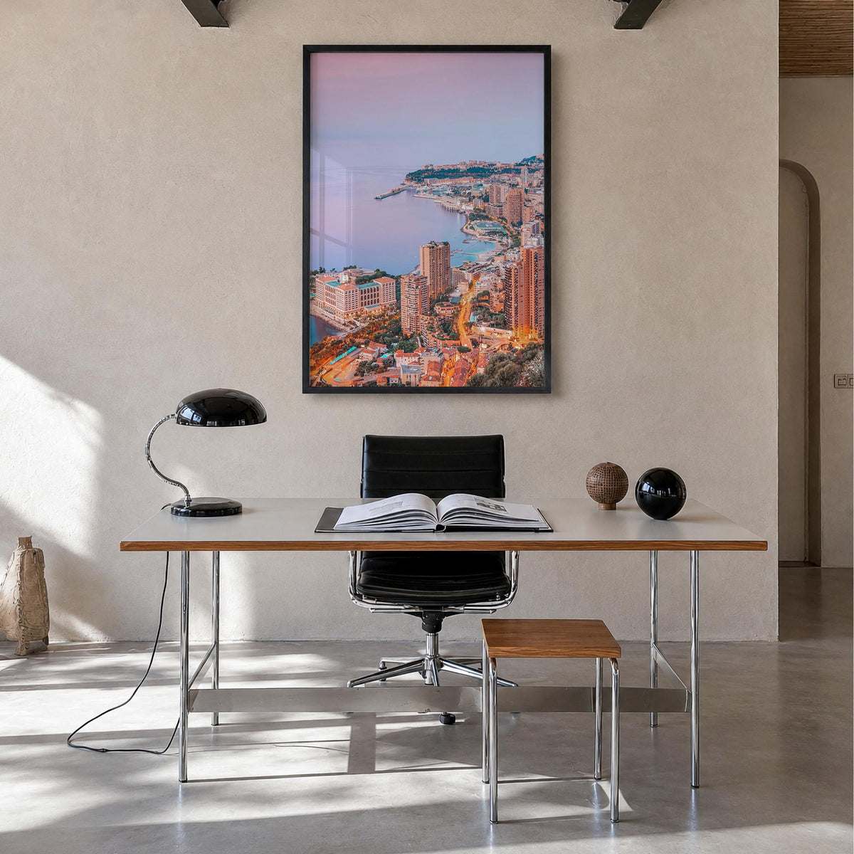 Monaco colorful photo poster of Europe – vertical wall art in black wood frame, hanging on wall