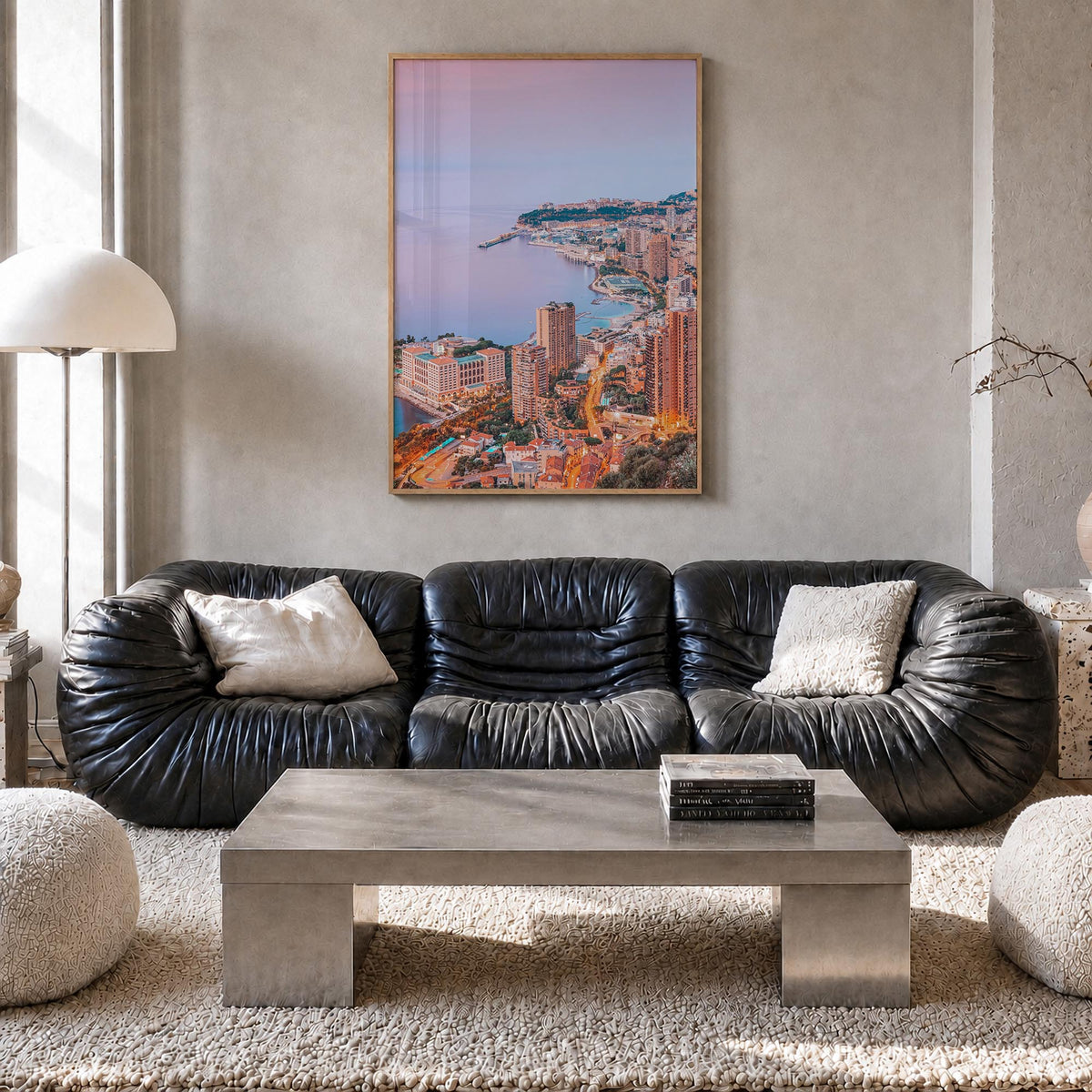 Monaco colorful photo poster of Europe – vertical wall art in natural wood frame, hanging on wall