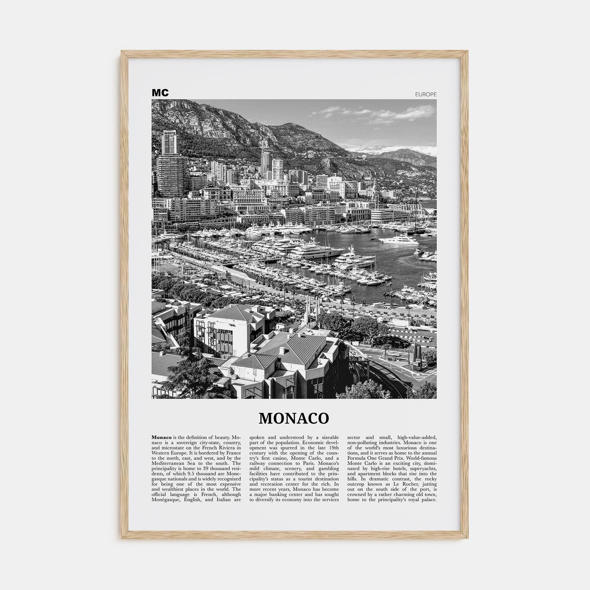 Monaco Poster Natural Wood / 8x12 in Nbourhood Travel B&W Poster