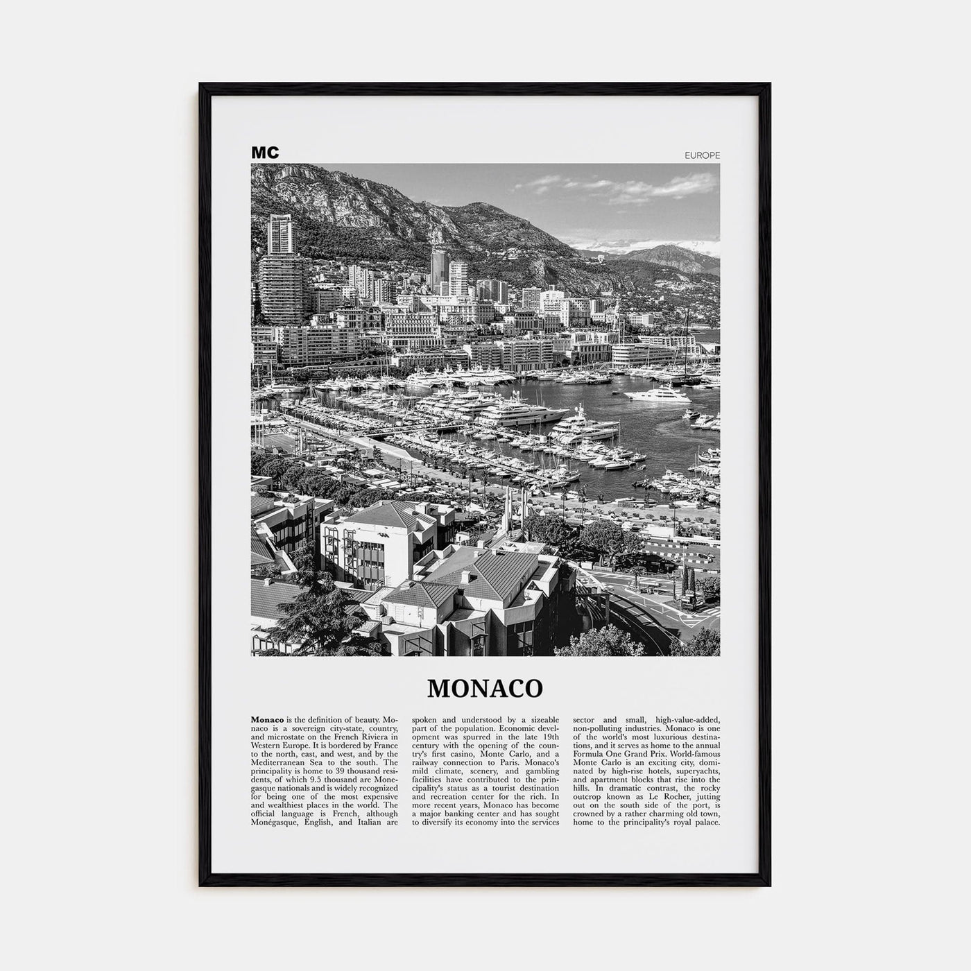 Monaco Poster Black Wood / 8x12 in Nbourhood Travel B&W Poster