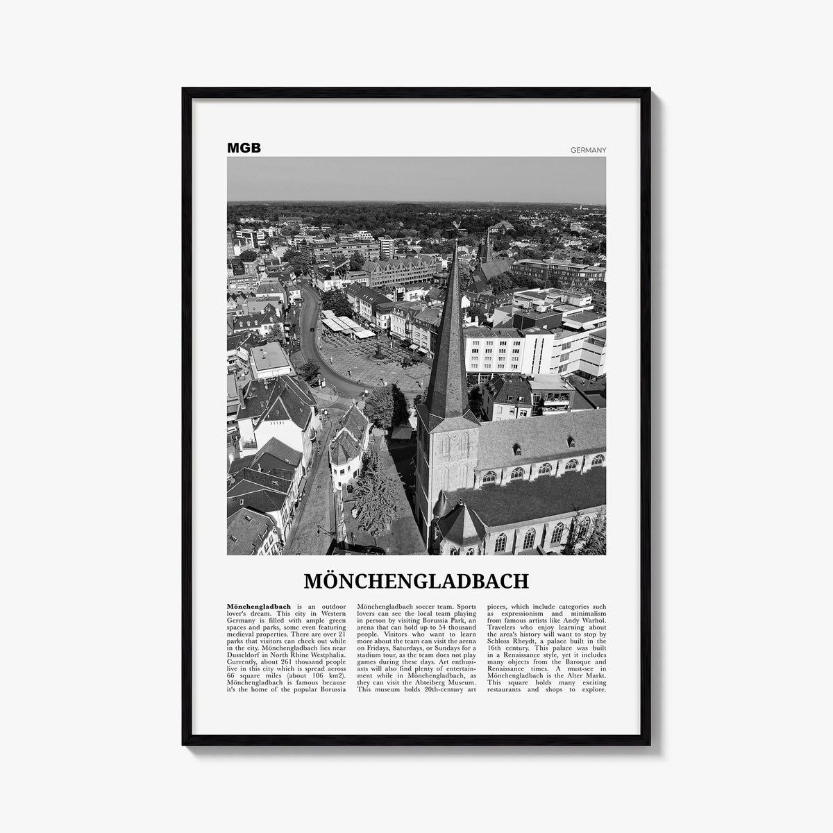 Mönchengladbach black & white newspaper poster of Germany – vertical wall art, unframed print shown in interior mockup