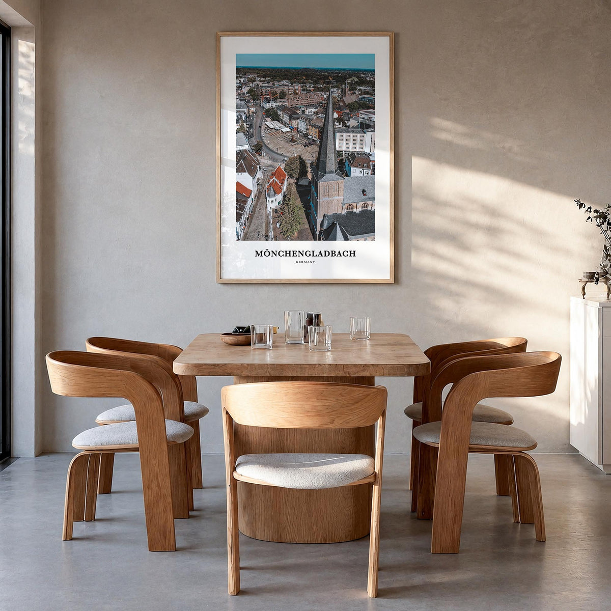 Mönchengladbach colorful classic poster of Germany – vertical wall art in natural wood frame, hanging on wall