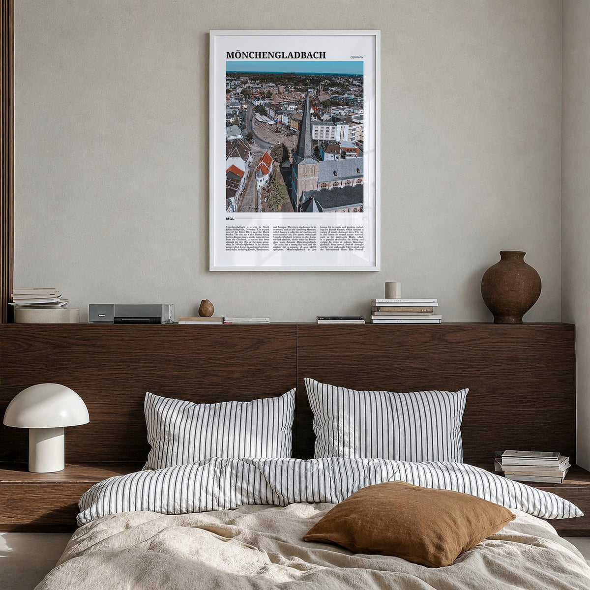Mönchengladbach colorful travel poster of Germany – vertical wall art in white wood frame, hanging on wall