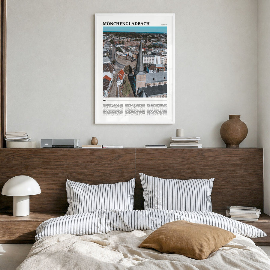 Mönchengladbach Travel Poster in a white wood frame, hanging in a bedroom